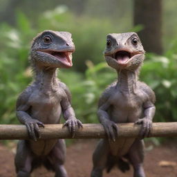 Depict two cautiously curious baby Velociraptors, newly introduced to their electrified fence enclosure, known as the Raptor Paddock