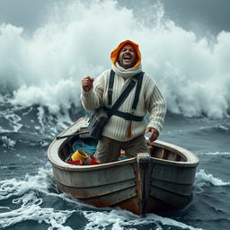 A fisherman in a small, weathered wooden boat, standing defiantly amidst a massive storm with gigantic waves crashing all around him