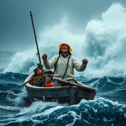 A fisherman in a small, weathered wooden boat, standing defiantly amidst a massive storm with gigantic waves crashing all around him