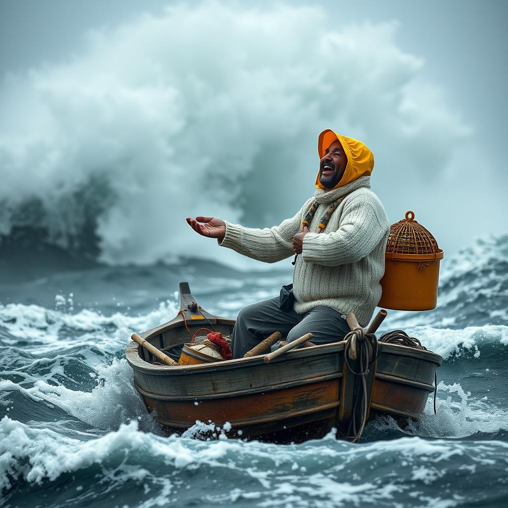 A fisherman in a small, weathered wooden boat, standing defiantly amidst a massive storm with gigantic waves crashing all around him