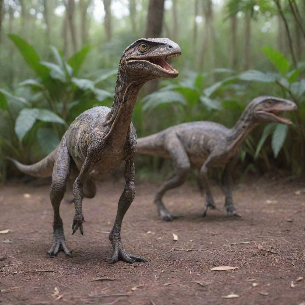 Fast forward two years to show the two Velociraptors, now grown and fully developed, prowling inside their monitored enclosure, symbolizing scientific progress