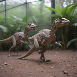 Fast forward two years to show the two Velociraptors, now grown and fully developed, prowling inside their monitored enclosure, symbolizing scientific progress