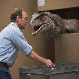 Portray an adult Velociraptor being carefully cornered into a large transport crate, readying for relocation, under the observant eyes of the scientists