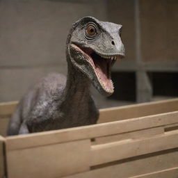 Portray an adult Velociraptor being carefully cornered into a large transport crate, readying for relocation, under the observant eyes of the scientists