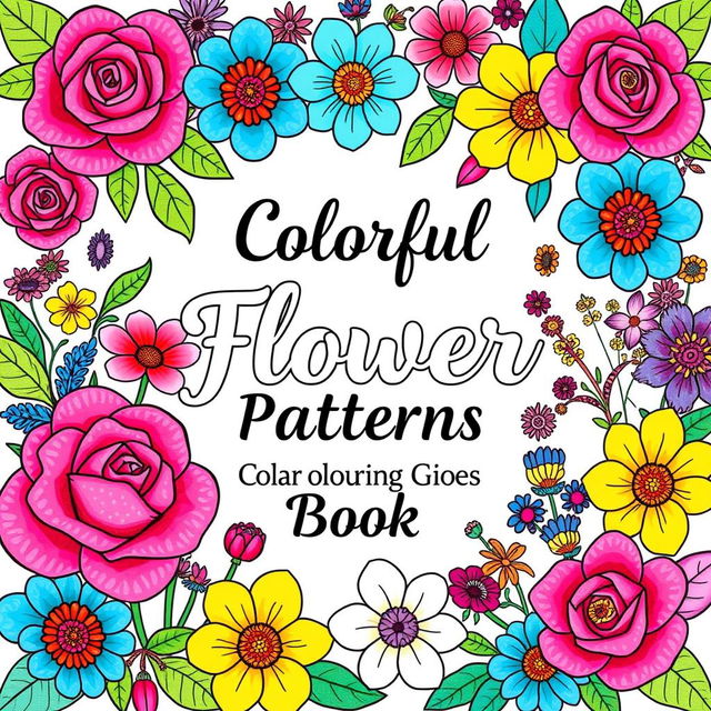 A captivating cover for a colorful flower patterns coloring book intended for adults