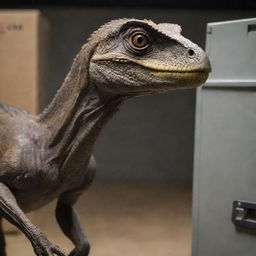 Portray an adult Velociraptor being carefully cornered into a large transport crate, readying for relocation, under the observant eyes of the scientists