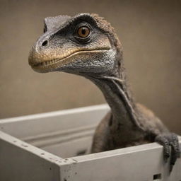 Portray an adult Velociraptor being carefully cornered into a large transport crate, readying for relocation, under the observant eyes of the scientists