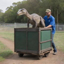 Illustrate an InGen team responsibly transporting the large crate holding the now-adult Velociraptor, positioning it against the entrance gate of the Raptor Paddock