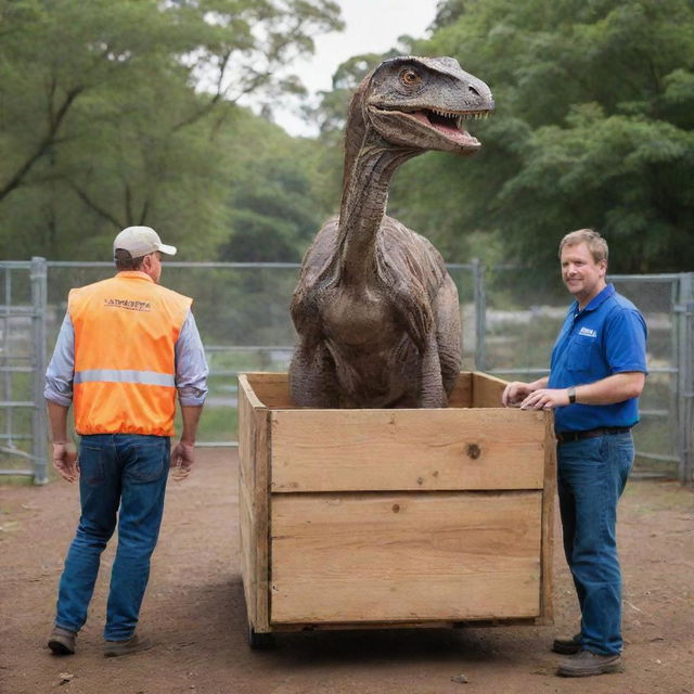 Illustrate an InGen team responsibly transporting the large crate holding the now-adult Velociraptor, positioning it against the entrance gate of the Raptor Paddock