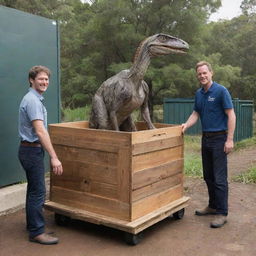 Illustrate an InGen team responsibly transporting the large crate holding the now-adult Velociraptor, positioning it against the entrance gate of the Raptor Paddock