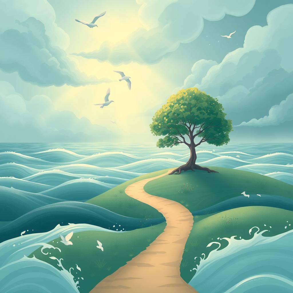 A serene and calming illustration representing the essence of tranquility amidst chaos, featuring a peaceful landscape with gentle waves and soft, warm light filtering through storm clouds