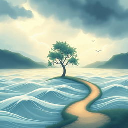 A serene and calming illustration representing the essence of tranquility amidst chaos, featuring a peaceful landscape with gentle waves and soft, warm light filtering through storm clouds