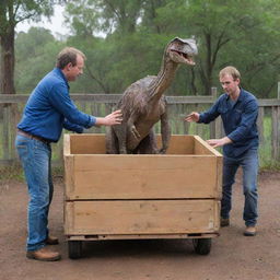 Illustrate an InGen team responsibly transporting the large crate holding the now-adult Velociraptor, positioning it against the entrance gate of the Raptor Paddock