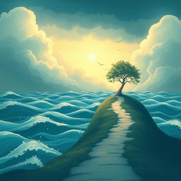 A serene and calming illustration representing the essence of tranquility amidst chaos, featuring a peaceful landscape with gentle waves and soft, warm light filtering through storm clouds