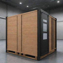 Generate an image of a gigantic 10-meter transport crate on a lab floor, proportionally highlighting its massive size.