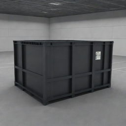 Generate an image of a gigantic 10-meter transport crate on a lab floor, proportionally highlighting its massive size.