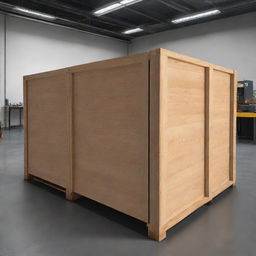 Generate an image of a gigantic 10-meter transport crate on a lab floor, proportionally highlighting its massive size.