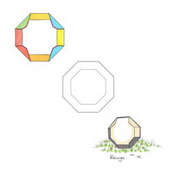 Three detailed illustrations of a regular octagon, each featuring a unique artistic style