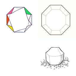 Three detailed illustrations of a regular octagon, each featuring a unique artistic style