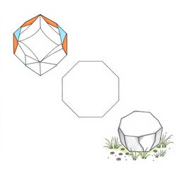 Three detailed illustrations of a regular octagon, each featuring a unique artistic style