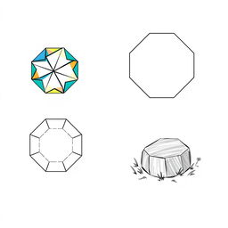 Three detailed illustrations of a regular octagon, each featuring a unique artistic style