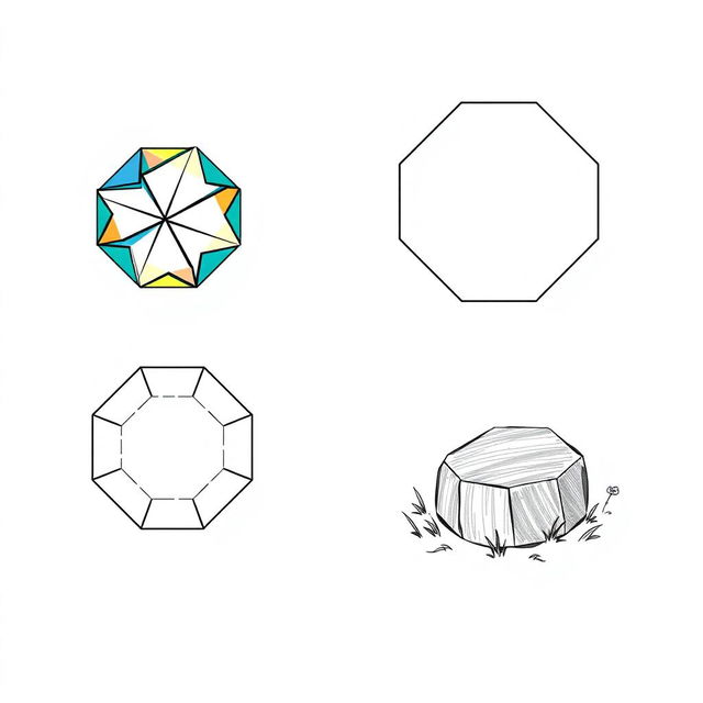 Three detailed illustrations of a regular octagon, each featuring a unique artistic style