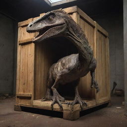 Conjure an image of a massive 10-meter crate, now home to two fully grown Velociraptors, radiating an imposing aura of power and primal energy