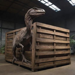 Conjure an image of a massive 10-meter crate, now home to two fully grown Velociraptors, radiating an imposing aura of power and primal energy