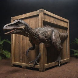 Conjure an image of a massive 10-meter crate, now home to two fully grown Velociraptors, radiating an imposing aura of power and primal energy