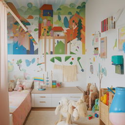 A colorful, fun child's room filled with toys, educational materials, a cozy bed, and an artfully painted mural on one wall.