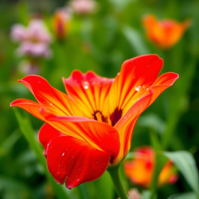 A vibrant and colorful flower blooming in a lush garden, petals painted in bright shades of red, orange, yellow, pink, and purple, with dew drops sparkling on the surface, set against a soft blurred green background