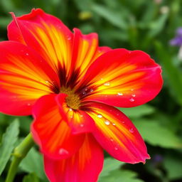 A vibrant and colorful flower blooming in a lush garden, petals painted in bright shades of red, orange, yellow, pink, and purple, with dew drops sparkling on the surface, set against a soft blurred green background