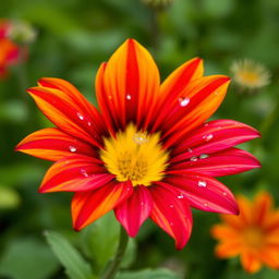 A vibrant and colorful flower blooming in a lush garden, petals painted in bright shades of red, orange, yellow, pink, and purple, with dew drops sparkling on the surface, set against a soft blurred green background