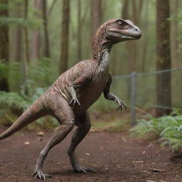 Illustrate InGen successfully relocating Velociraptors to their expansive and secure paddock, equipped with electrified fencing and dense forest for a naturalistic living environment