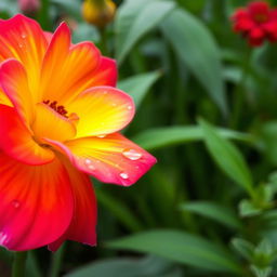 A vibrant and colorful flower blooming in a lush garden, petals painted in bright shades of red, orange, yellow, pink, and purple, with dew drops sparkling on the surface, set against a soft blurred green background