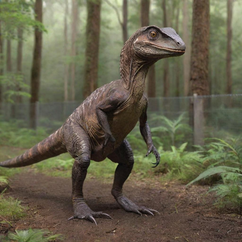 Illustrate InGen successfully relocating Velociraptors to their expansive and secure paddock, equipped with electrified fencing and dense forest for a naturalistic living environment