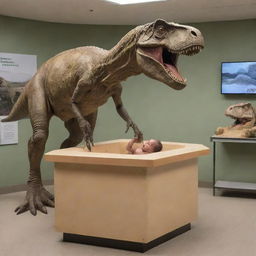 Create an image showcasing the moment of birth for a baby T-Rex in the Visitor Center, immediately being transferred to a small, secure enclosure for its safety and observation