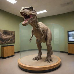 Create an image showcasing the moment of birth for a baby T-Rex in the Visitor Center, immediately being transferred to a small, secure enclosure for its safety and observation