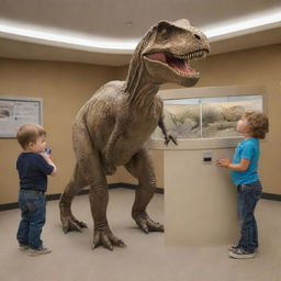 Create an image showcasing the moment of birth for a baby T-Rex in the Visitor Center, immediately being transferred to a small, secure enclosure for its safety and observation