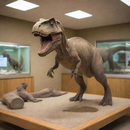 Create an image showcasing the moment of birth for a baby T-Rex in the Visitor Center, immediately being transferred to a small, secure enclosure for its safety and observation