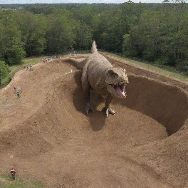 Depict a monumental T-Rex being introduced into its new, secured habitat - the T-Rex Paddock, marked by a 10-meter deep moat for safety measures