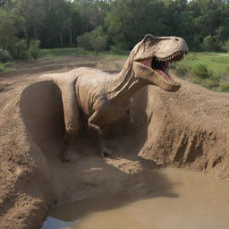 Depict a monumental T-Rex being introduced into its new, secured habitat - the T-Rex Paddock, marked by a 10-meter deep moat for safety measures