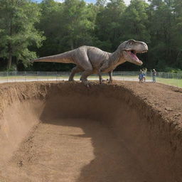 Depict a monumental T-Rex being introduced into its new, secured habitat - the T-Rex Paddock, marked by a 10-meter deep moat for safety measures