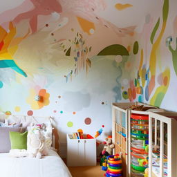 A colorful, fun child's room filled with toys, educational materials, a cozy bed, and an artfully painted mural on one wall.