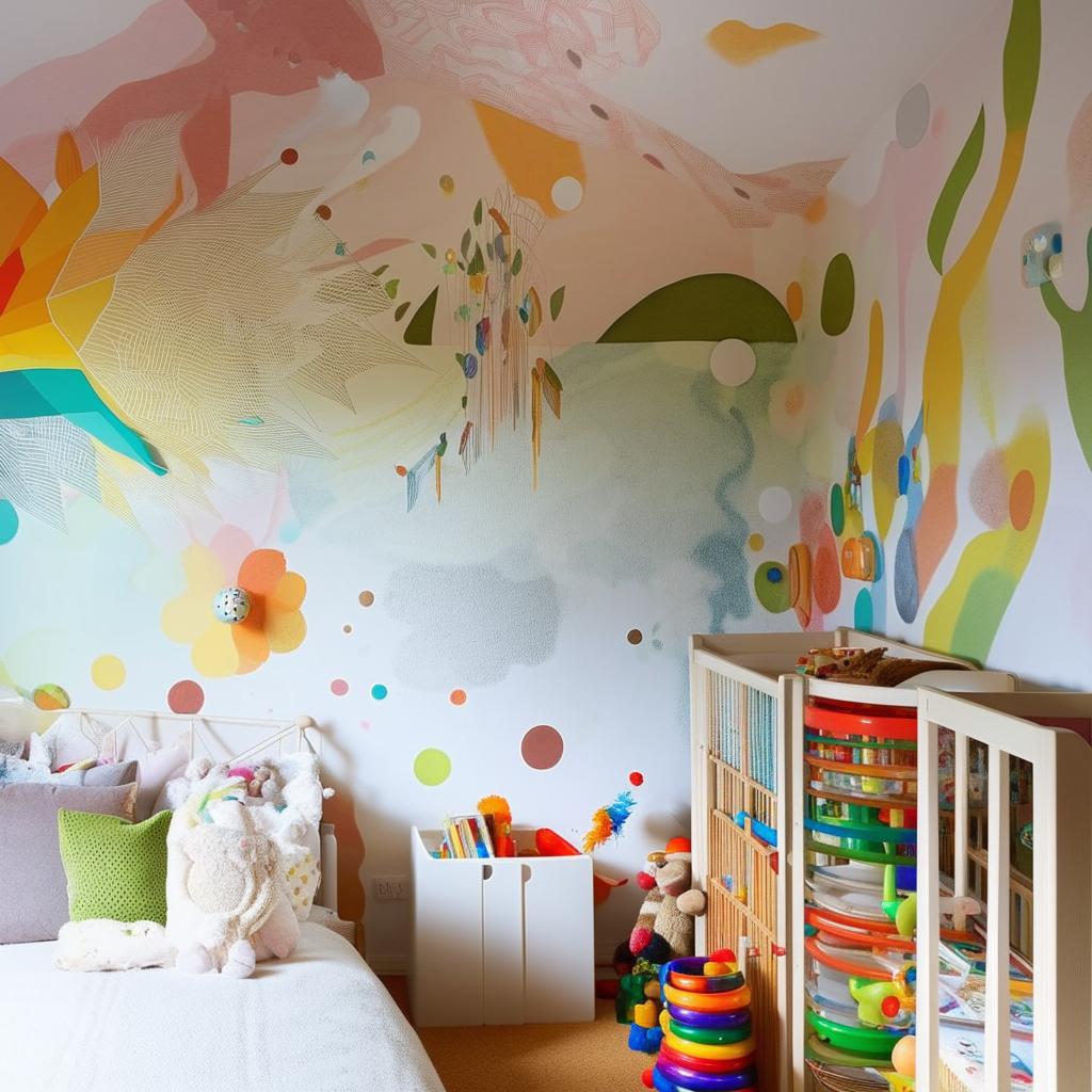 A colorful, fun child's room filled with toys, educational materials, a cozy bed, and an artfully painted mural on one wall.