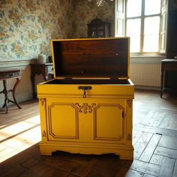 A bright yellow chest sits prominently in an old room filled with vintage charm