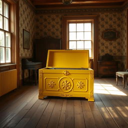 A bright yellow chest sits prominently in an old room filled with vintage charm