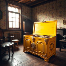 A bright yellow chest sits prominently in an old room filled with vintage charm