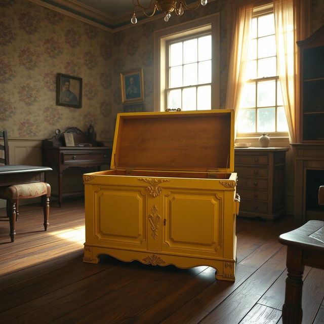 A bright yellow chest sits prominently in an old room filled with vintage charm