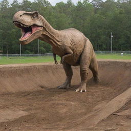 Depict a monumental T-Rex being introduced into its new, secured habitat - the T-Rex Paddock, marked by a 10-meter deep moat for safety measures